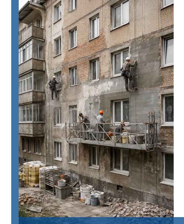 Капитальный ремонт фасада в Сорочинске с восстановлением и гидроизоляцией