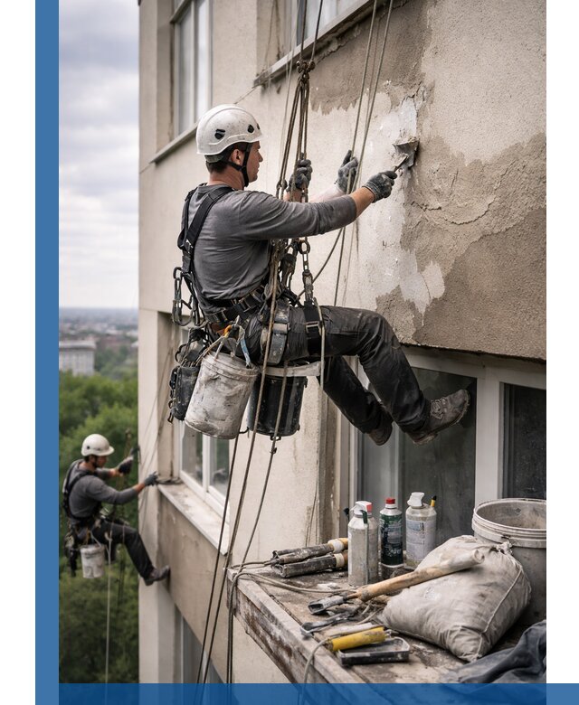 Косметический ремонт фасада зданий в Сорочинске промышленными альпинистами