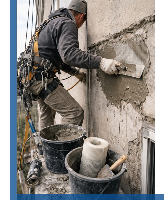 Ремонт бетонных элементов фасада промышленными альпинистами в Сорочинске