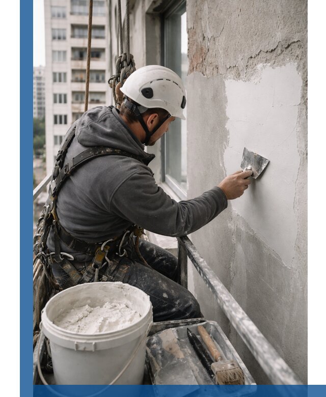 Шпаклевка фасадов на высоте с промальпинистами в Сорочинске