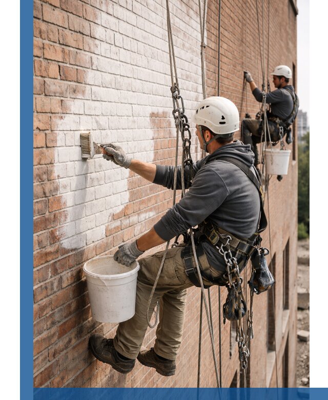 Покраска кирпичного фасада с доступным альпинистским сервисом в Сорочинске