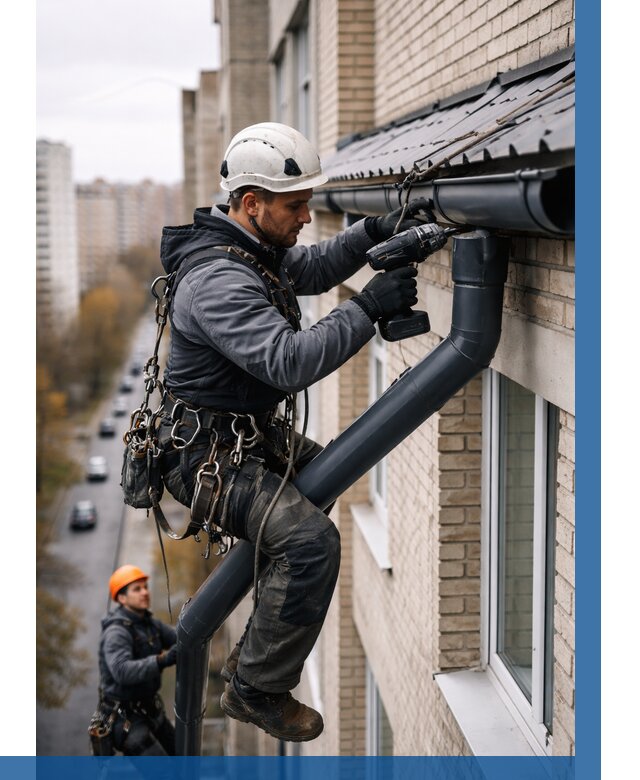 Монтаж водосточной системы на здании в Сорочинске от 5164 р. | ВЫСОТНИК-Срч