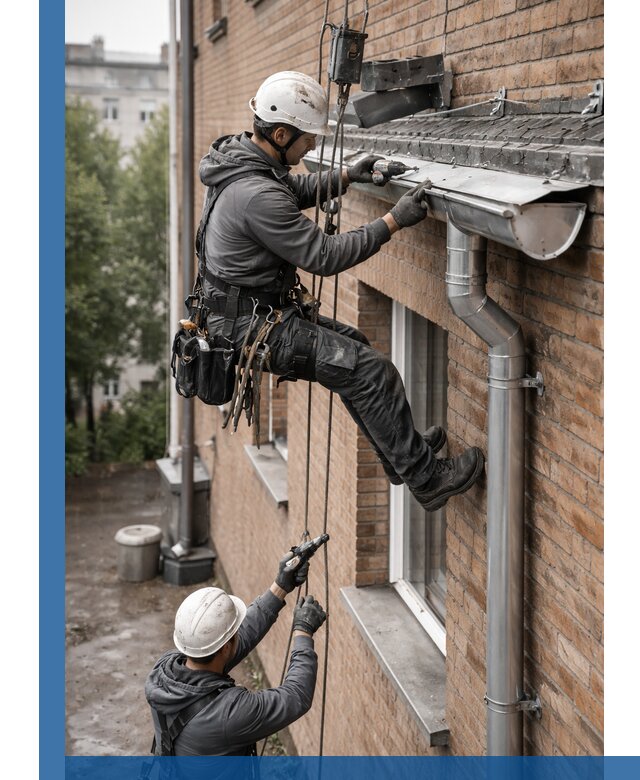 Монтаж водосточной системы на здании в Сорочинске под ключ