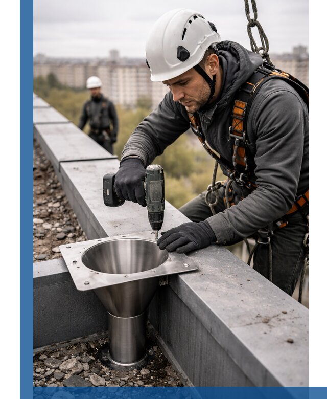 Монтаж водосточных воронок в Сорочинске для промышленных зданий