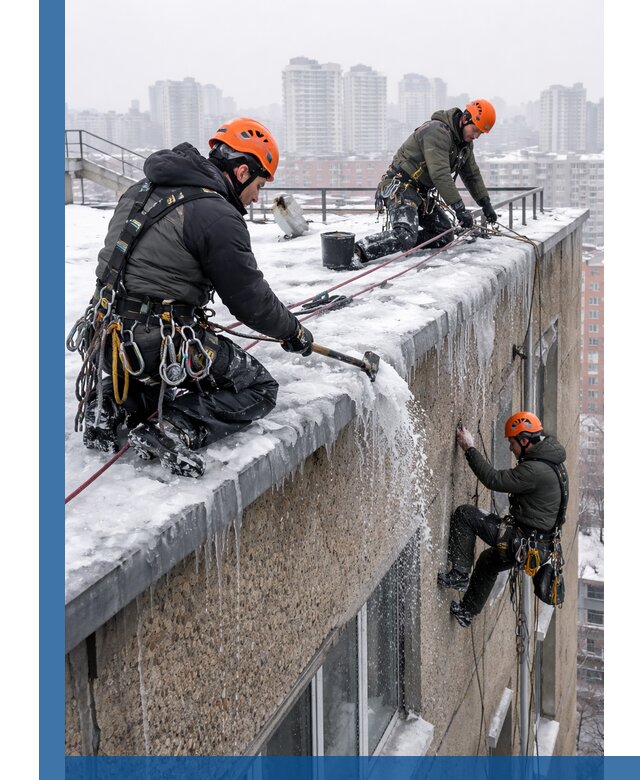 Удаление наледи с кровли в Сорочинске промышленными альпинистами