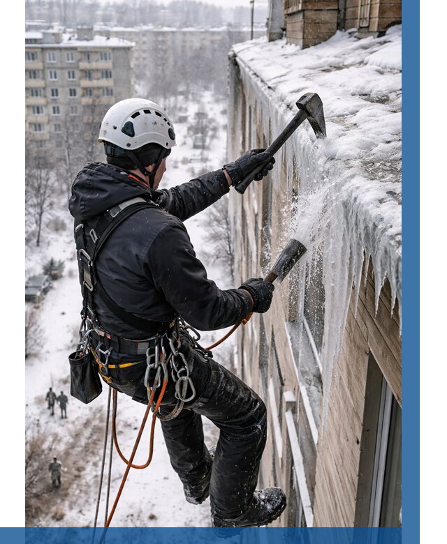 Сбивание сосулек с крыши в Сорочинске по цене от 4648 р. | ВЫСОТНИК-Срч