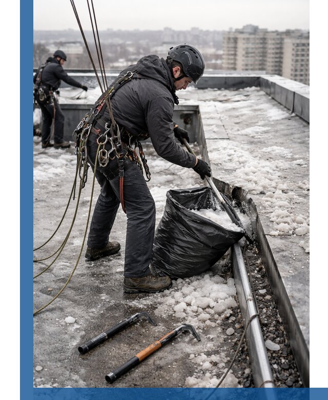 Аварийная очистка кровли в Сорочинске от промальпинистов