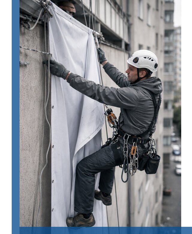 Замена баннерного полотна промышленными альпинистами в Сорочинске