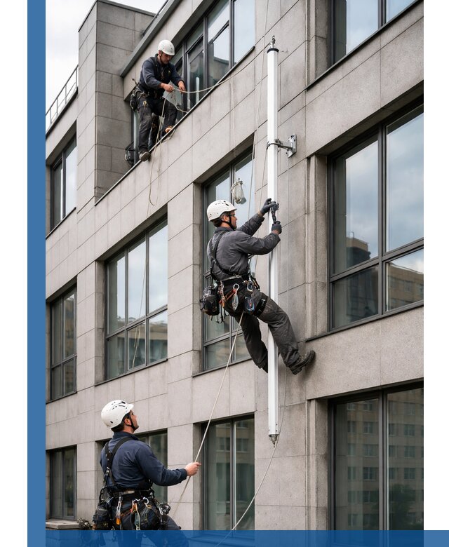 Монтаж флагштока на фасаде здания с креплением и герметикой в Сорочинске