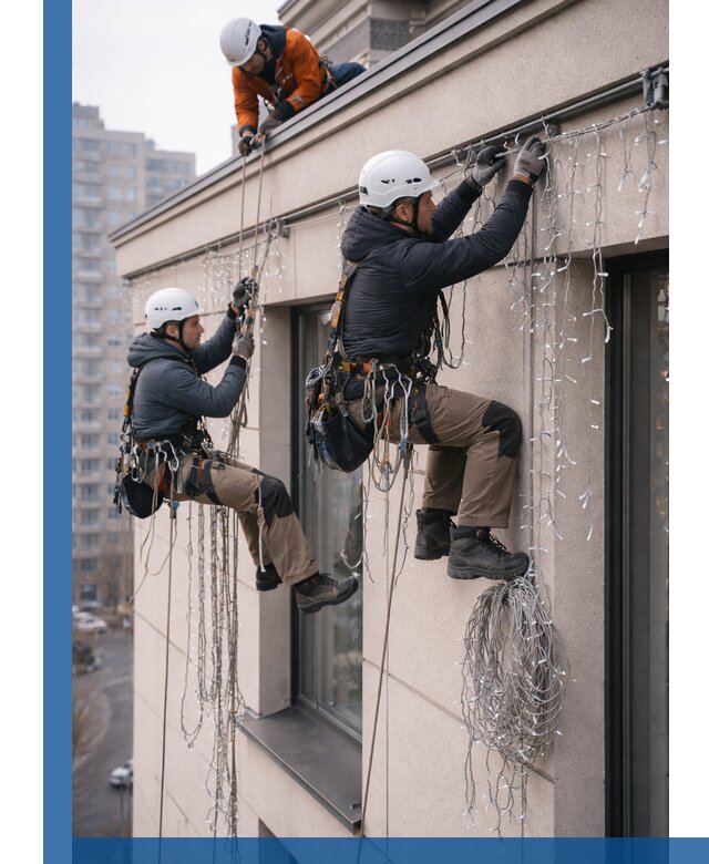 Монтаж праздничных гирлянд на фасаде в Сорочинске для зданий