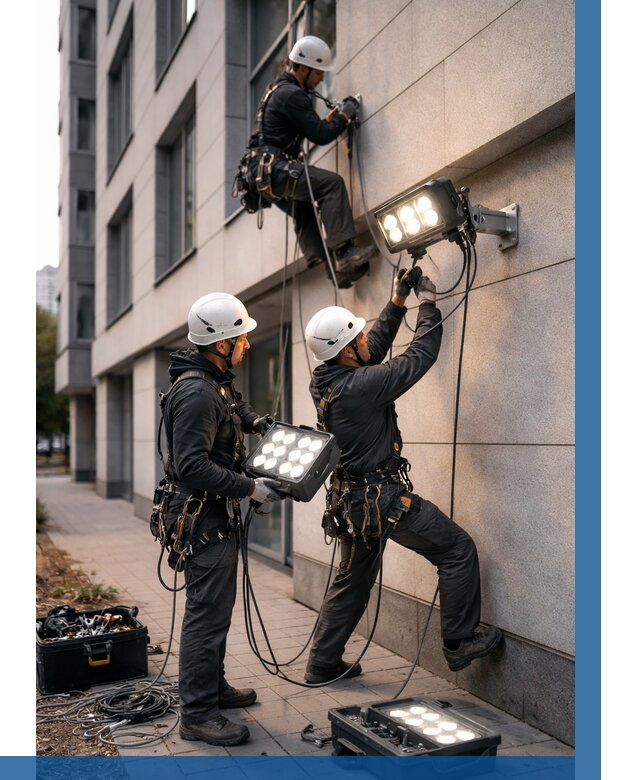 Монтаж прожекторов на фасаде в Сорочинске от 7746 р. | ВЫСОТНИК-Срч