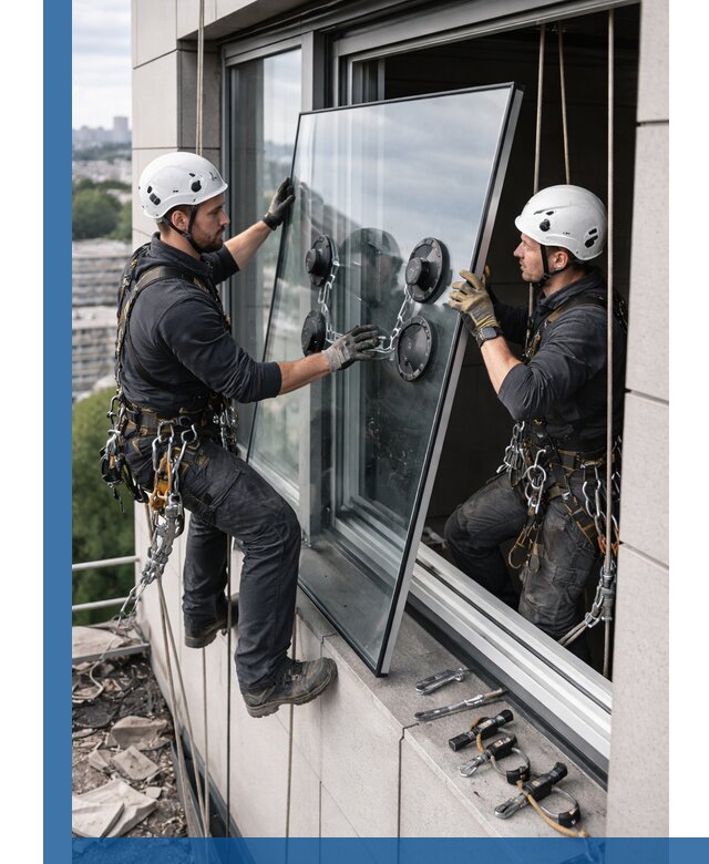 Замена стеклопакетов на высоте с промышленными альпинистами в Сорочинске