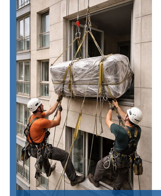 Подъем грузов через окно в Сорочинске промышленными альпинистами