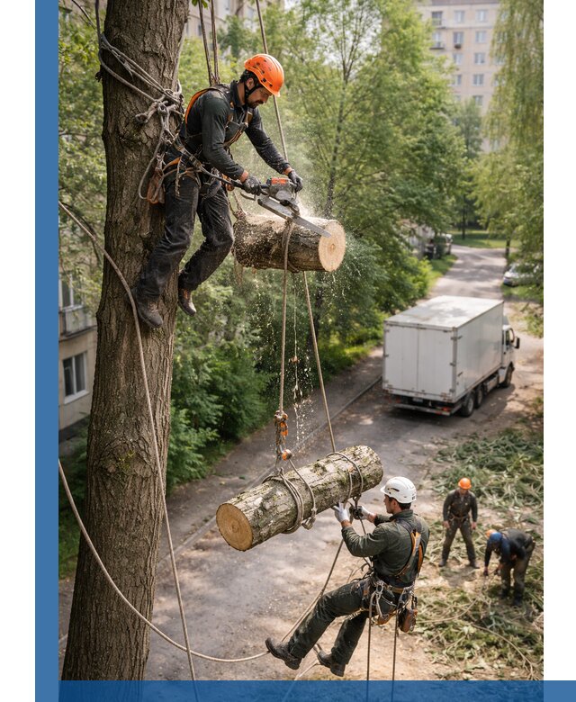Спил деревьев альпинистами в Сорочинске, безопасно и без повреждений
