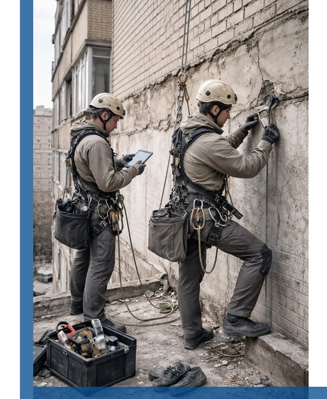 Обследование фасада промышленными альпинистами в Сорочинске